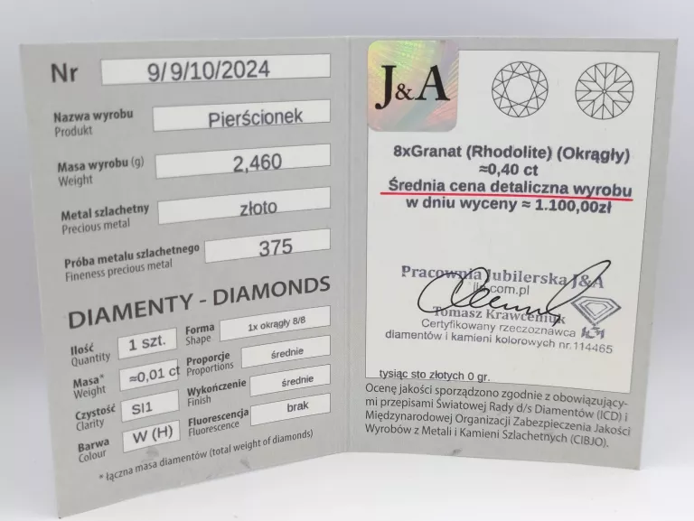 ZŁOTY PIERŚCIONEK DIAMENT I GRANAT - 375 9K R.9 2,46G CERT