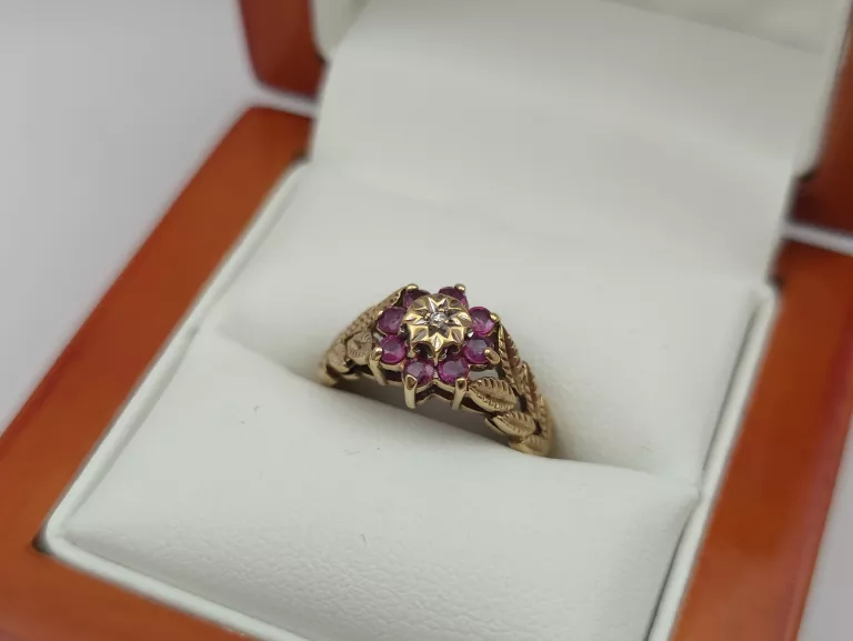 ZŁOTY PIERŚCIONEK DIAMENT I GRANAT - 375 9K R.9 2,46G CERT