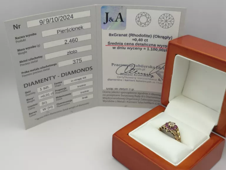 ZŁOTY PIERŚCIONEK DIAMENT I GRANAT - 375 9K R.9 2,46G CERT