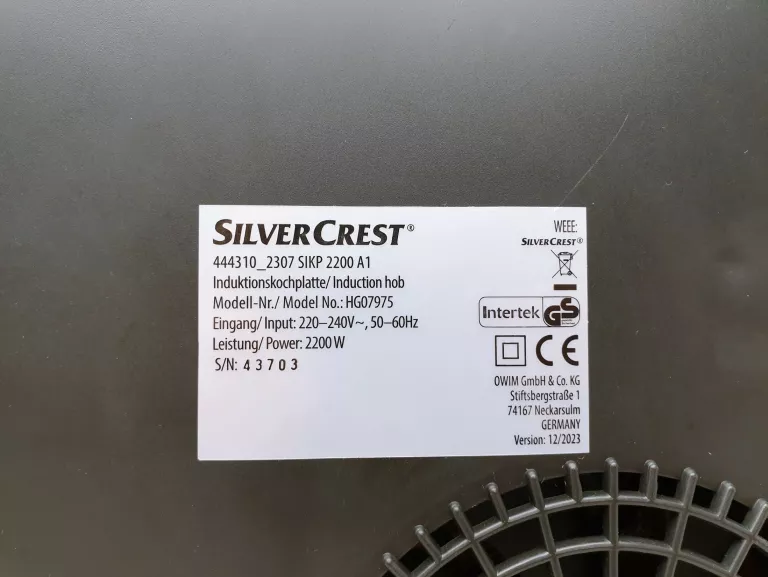 KUCHENKA INDUKCYJNA JEDNOPALNIKOWA SILVERCREST HG07975