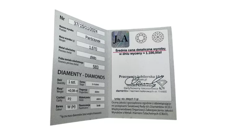 ZŁOTY PIERŚCIONEK PRÓBA 583 BRYLANT 1,67G R.15