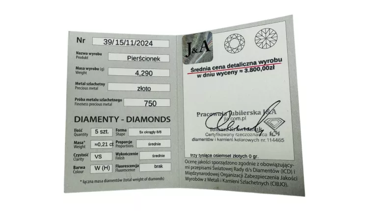 ZŁOTY PIERŚCIONEK BRYLANTY PRÓBA 750 4,29G 0,21CT R.16