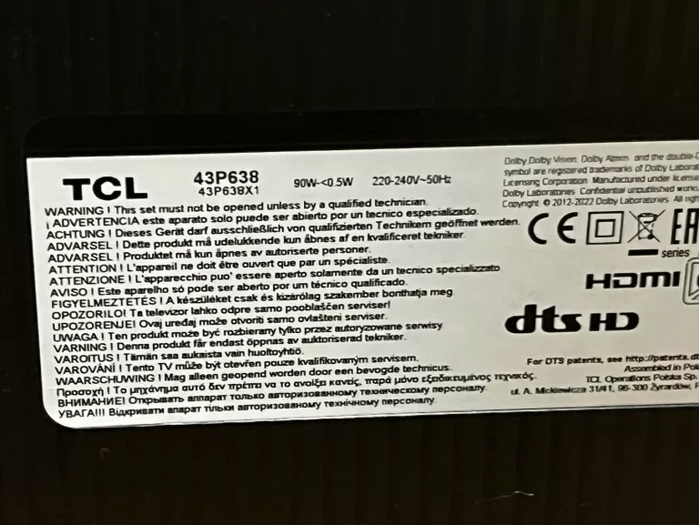 TELEWIZOR 43" TCL 43P638 LED 4K GOOGLE TV DOLBY VISION DVB-T2