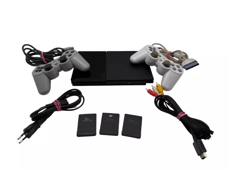KONSOLA PS2 SLIM + 2 PADY + 3 KARTY PAMIĘCI, KABEL ZASILAJĄCY,CZINCZE