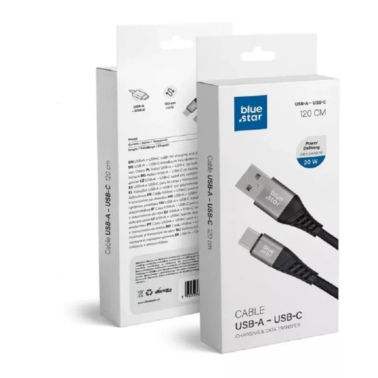 BLUE STAR KABEL Z OPLOTEM 3A 20W USB A DO TYP C 1,2M CZARNY