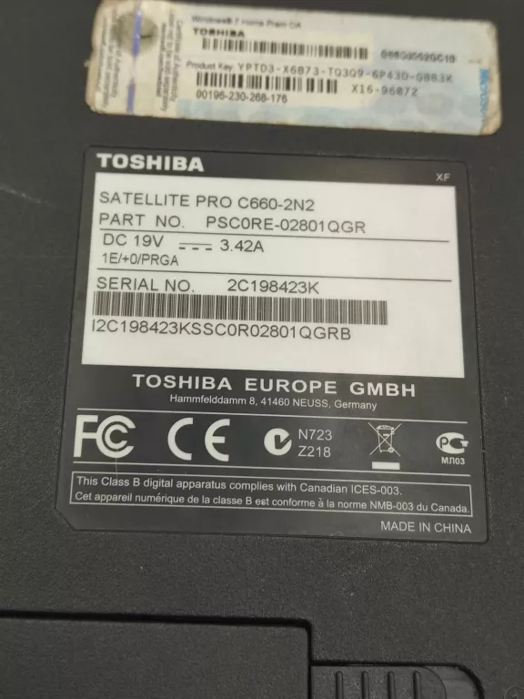 LAPTOP TOSHIBA SATELLITE PRO C660-2N2 I3 M380 RAM 8 GB HDD 640GB
