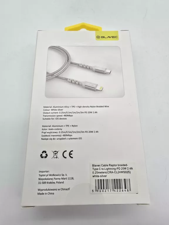 kabel-blavec-raptor-cra-cl24ws025-pleciony-pd-20w-25cm-typ-clightning-ean-gtin-5900217422648