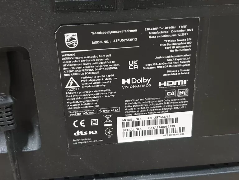 TELEWIZOR PHILIPS 43PUS7556/12 43" LED 4K DOLBY ATMOS DOLBY VISION