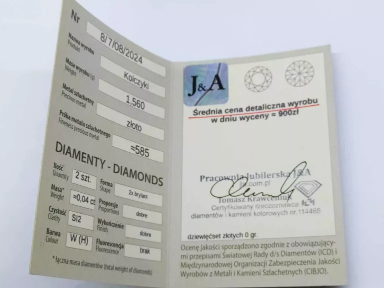 WYRÓB JUBILERSKI UŻYWANY KOLCZYKI Z BRYLANTAMI  585