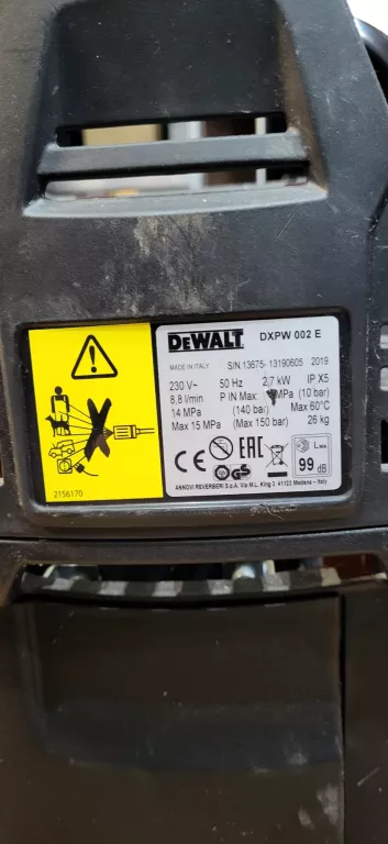 MYJKA CIŚNIENIOWA DEWALT DXPW002E 150 BAR 2700W POMPA MOSIĘŻNA