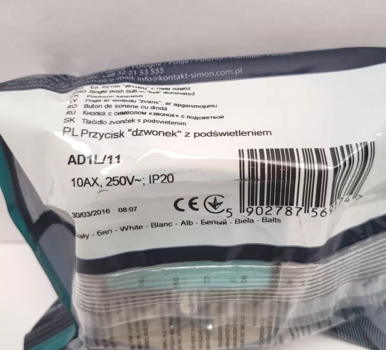 PRZYCISK "DZWONEK" Z PODŚWIETLENIEM BIAŁY 10AX AD1L/11