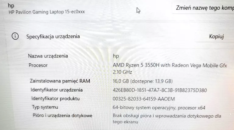 LAPTOP HP PAVILION GAMING 15" GTX 1050 RYZEN 5 16 256/500 GB USZKODZONY