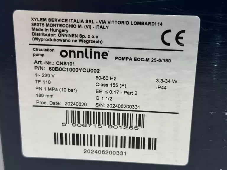 ELEKTRONICZNA POMPA OBIEGOWA ONNLINE EQC-M 25-6/180