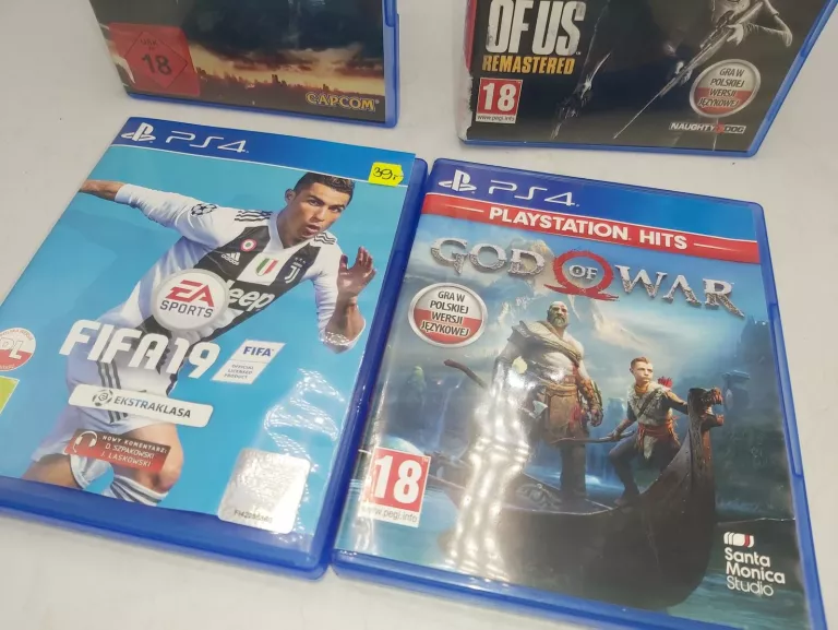 ZESTAW 4 GIER NA PS4: RESIDENT EVIL 2, LAST OF US, GOD OF WAR, FIFA 19!!!