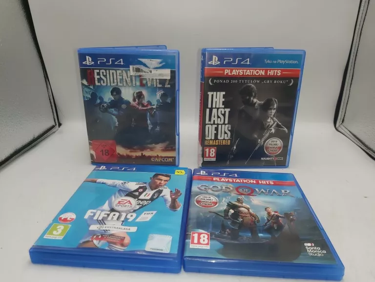 ZESTAW 4 GIER NA PS4: RESIDENT EVIL 2, LAST OF US, GOD OF WAR, FIFA 19!!!