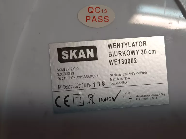 WIATRAK BIURKOWY WENTYLATOR SKAN WE130002