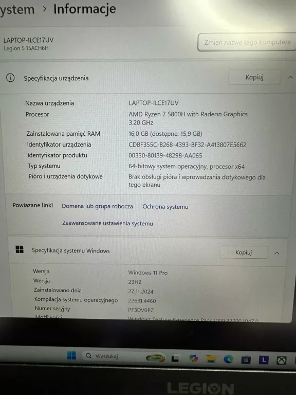 LAPTOP LENOVO LEGION 5 15ACH6H /AMD RYZEN 7/16 GB. RAM/ 1 TB