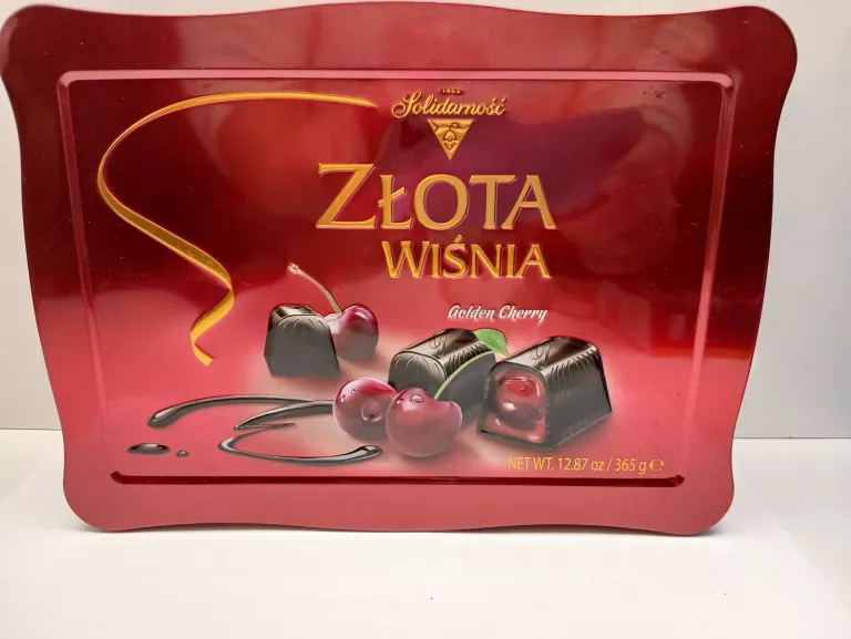 BOMBONIERKA SOLIDARNOŚĆ ZŁOTA WIŚNIA W LIKIERZE 365 G PUSZKA