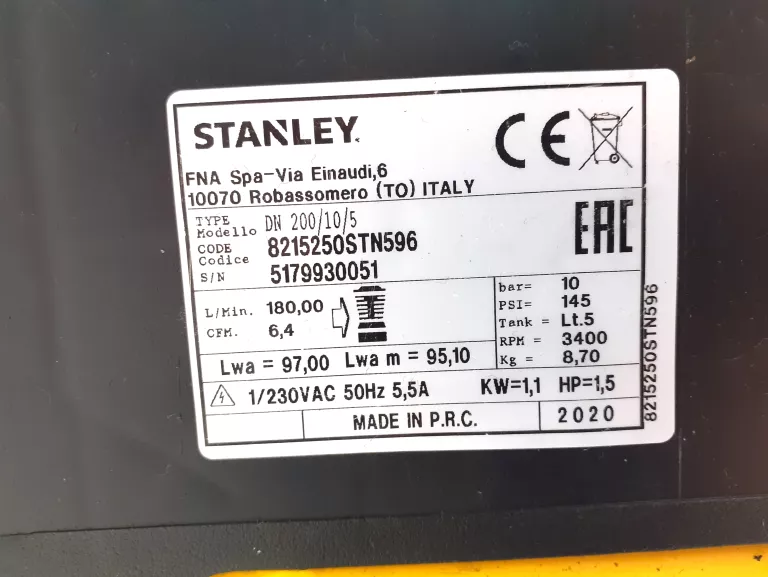 STANLEY SPRĘŻARKA BEZOLEJOWA 5L 1,5KM 10BAR 180L/MIN AIR-BOSS