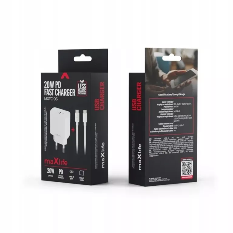 MAXLIFE ŁADOWARKA SIECIOWA PD QC MXTC-06-20C USB-C 20W BIAŁA + KABEL USB