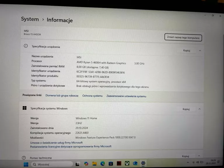 LAPTOP MSI BRAVO 15 15,6 " AMD RYZEN 5 8 GB / 512 GB
