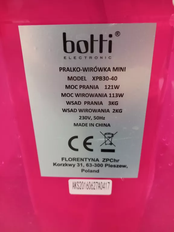 PRALKA WIRNIKOWA Z WIRÓWKĄ BOTTI AQUARINA XPB30