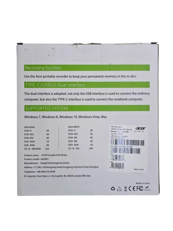 ZEWNĘTRZNY NAPĘD DVD ACER AXD001 KOMPLET