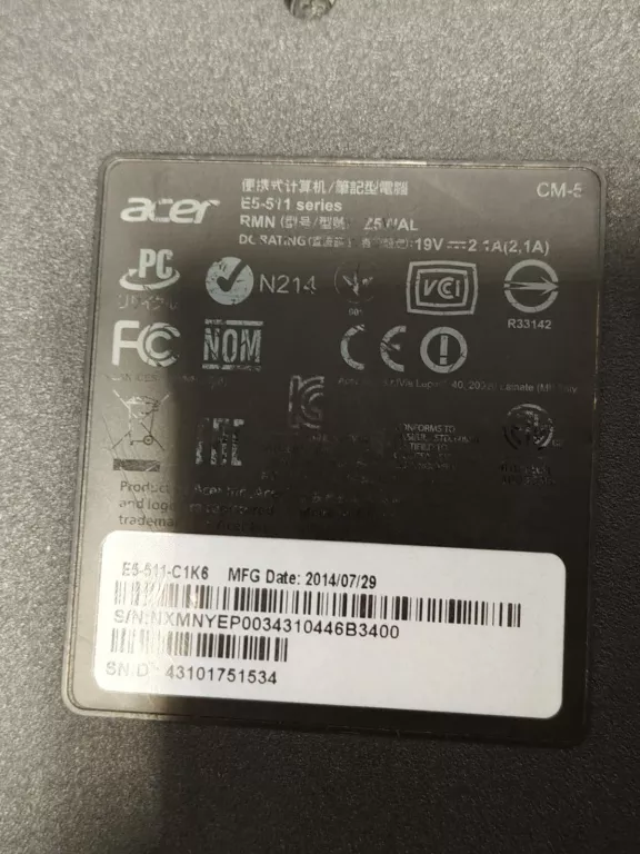 LAPTOP ACER E5-511 PENTIUM N3530 RAM 4 GB HDD500GB