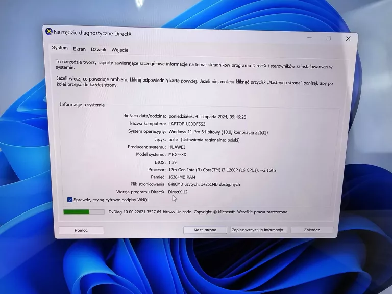 LAPTOP HUAWEI MATEBOOK X PRO I7 12 GEN 16 GB RAM 512 SSD PUDEŁKO