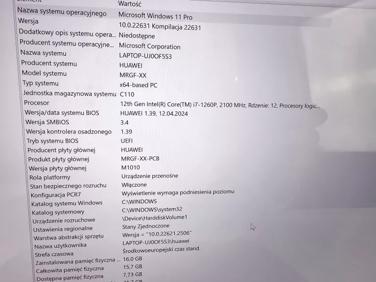 LAPTOP HUAWEI MATEBOOK X PRO I7 12 GEN 16 GB RAM 512 SSD PUDEŁKO