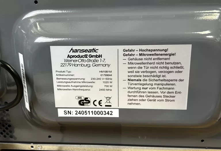 KUCHENKA MIKROFALOWA HANSEATIC MIKROWELLE HM19B1M 700W POWYSTAWOWA!