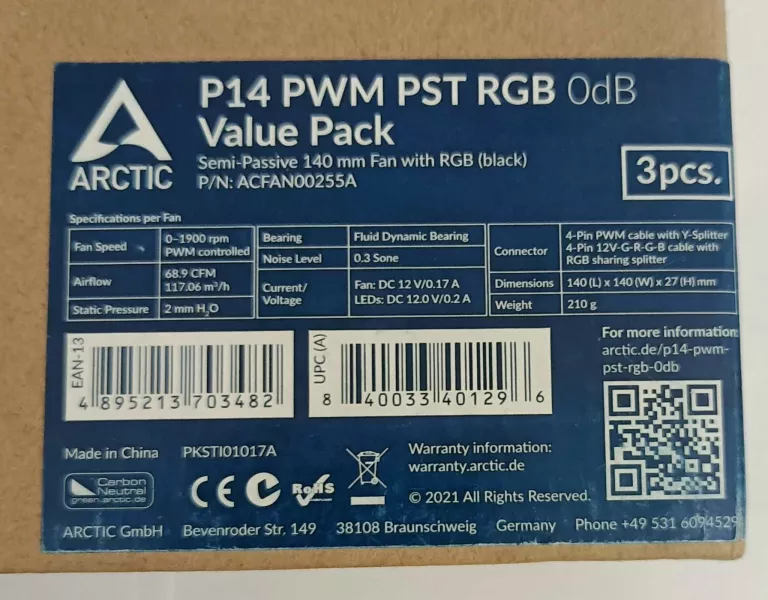WENTYLATOR ARCTIC 140 X 140 MM ACFAN00255A 3 PACK P14 PWM PST RGB
