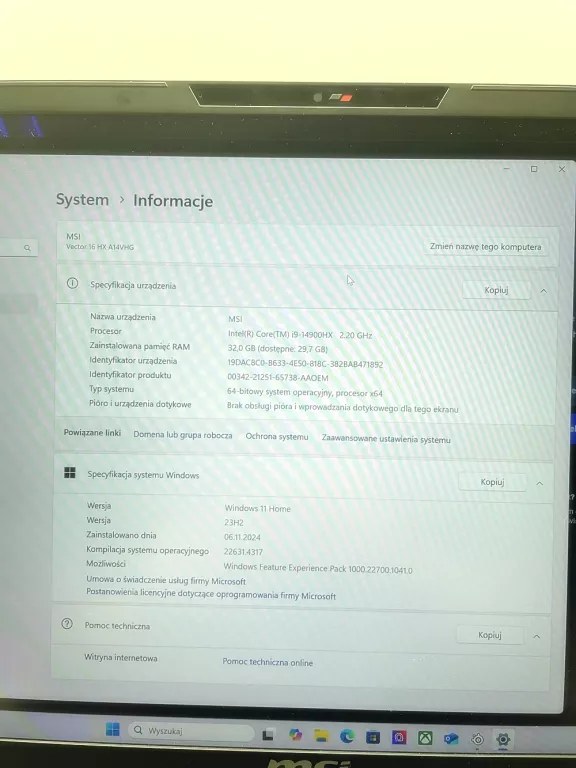 LAPTOP MSI VECTOR 16 HX A14V RTX4080 32GB RAM I5 11TH