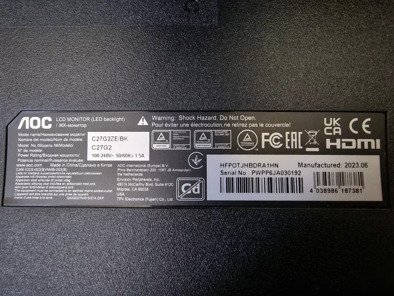 MONITOR AOC G2 C27G2ZE 27' FULL HD 1920X1080HZ 0.5 MS GW