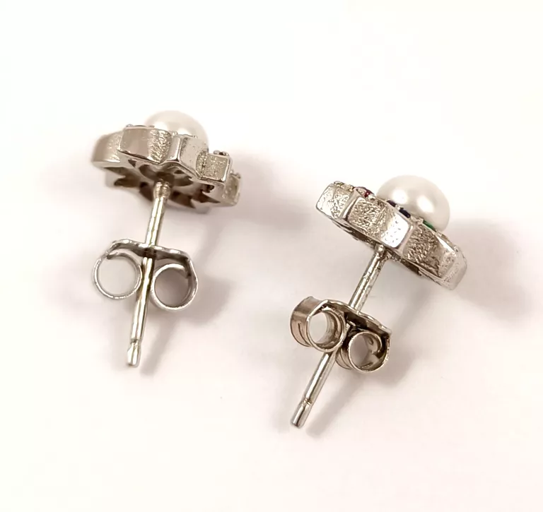 SREBRNE KOLCZYKI SZTYFT KWIAT Z PEREŁKĄ + KOLOROWE CYRKONIE 925