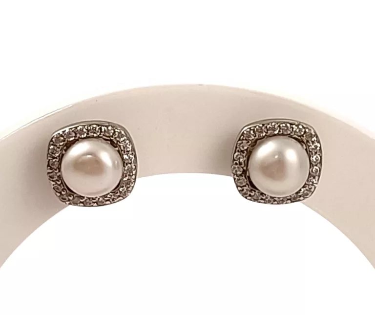 SREBRNE KOLCZYKI SZTYFT KWADRAT Z CYRKONIAMI + PEREŁKA 925