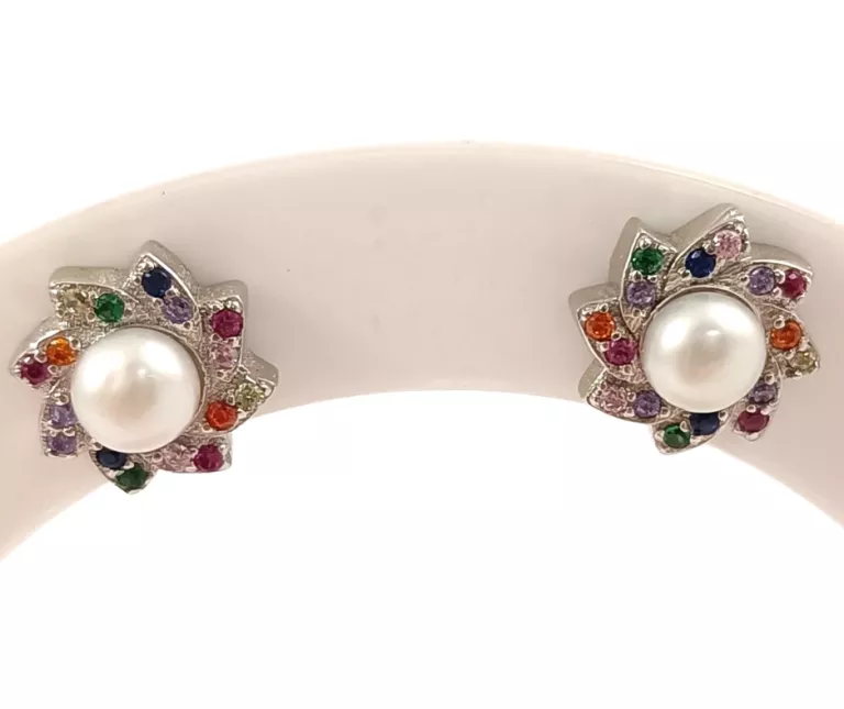 SREBRNE KOLCZYKI SZTYFT KWIAT Z PEREŁKĄ + KOLOROWE CYRKONIE 925