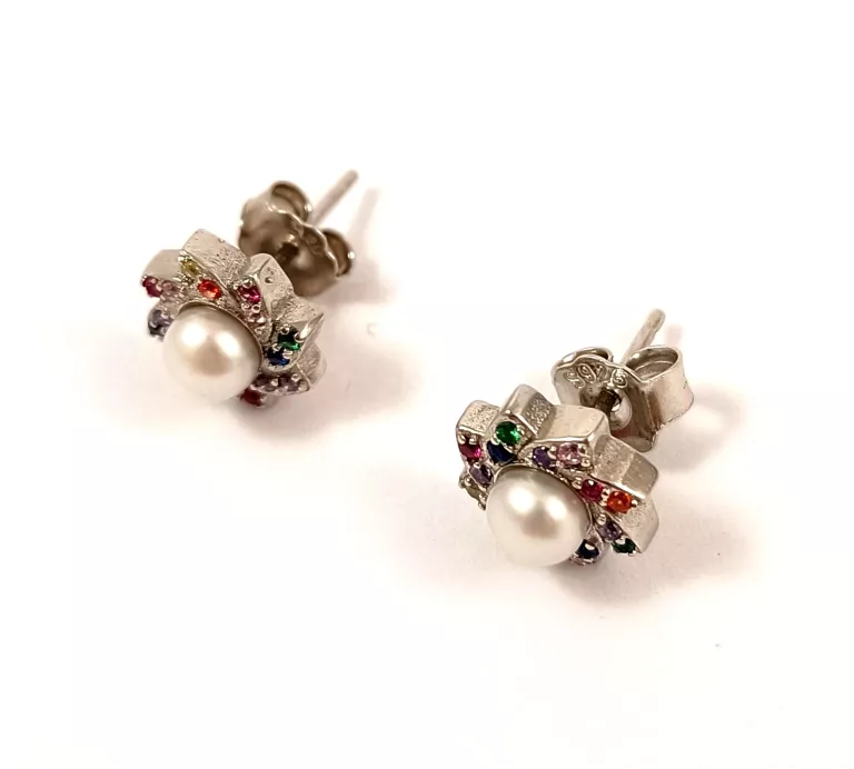 SREBRNE KOLCZYKI SZTYFT KWIAT Z PEREŁKĄ + KOLOROWE CYRKONIE 925