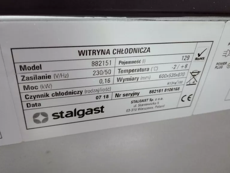 SZAFA CHŁODNICZA PRZESZKLONA STALGAST 882151 S-60 CM