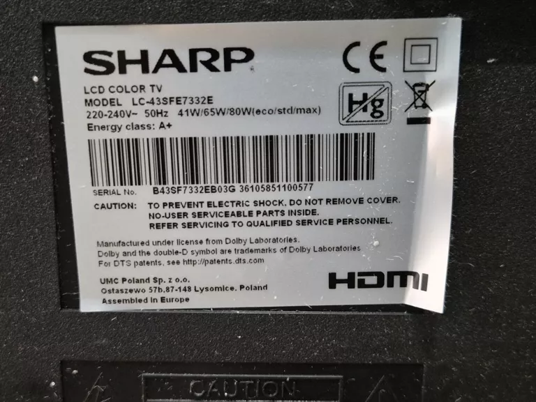 TELEWIZOR SHARP LC-43SFE7332E BEZ PILOTA
