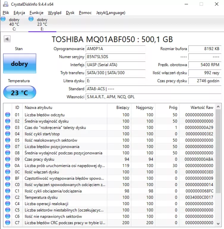 DYSK HDD TOSHIBA MQ01ABF050 500GB 2,5 CALA