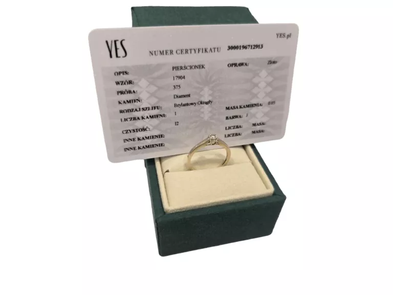 PIĘKNY ZŁOTY PIERŚCIONEK 375 'YES' DIAMENT NA ZARĘCZYNY