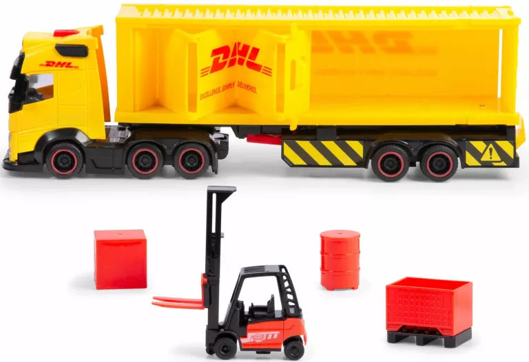 CIĘŻARÓWKA VOLVO Z NACZEPĄ DHL 35 CM ŚWIATŁO DŹWIĘK WÓZEK WIDŁOWY DICKIE