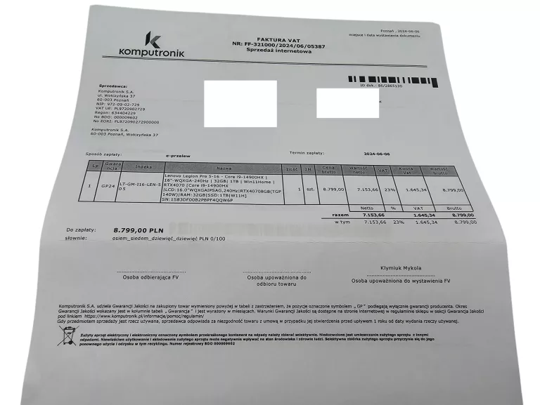 LENOVO LEGION PRO 516 I914900HX/32GB/1TB RTX4070 GW KOMPUTRONIK