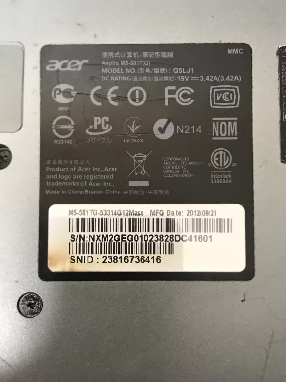 LAPTOP ACER ASPIRE M5-581 M5-581T Q5LJ1 + ZASILACZ