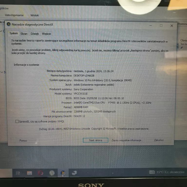 LAPTOP SONY VAIO VPCCW1S1E 4GB/250GB