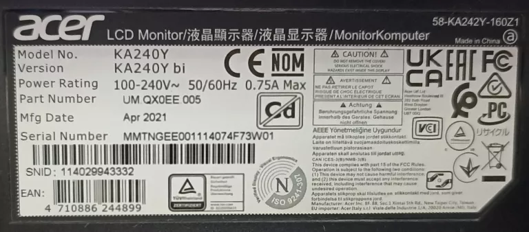 MONITOR ACER KA240Y 23,8' + KABEL