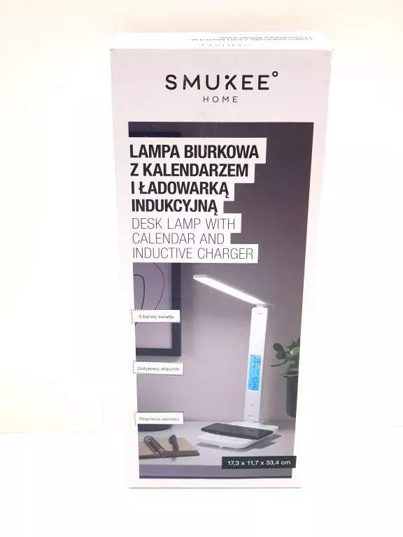LAMPKA BIURKOWA Z KALENDARZEM I ŁADOWARKĄ INDUKCYJNĄ SMUKEE BIAŁA