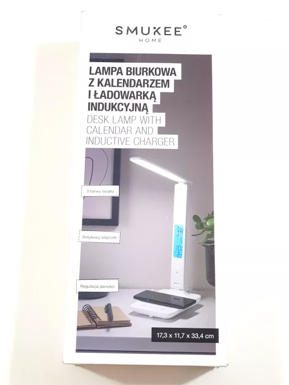LAMPKA BIURKOWA Z KALENDARZEM I ŁADOWARKĄ INDUKCYJNĄ SMUKEE BIAŁA