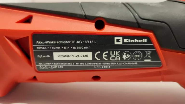 EINHELL SZLIFIERKA KĄTOWA AKUMULATOROWA TC-AG 18/115 LI KORPUS